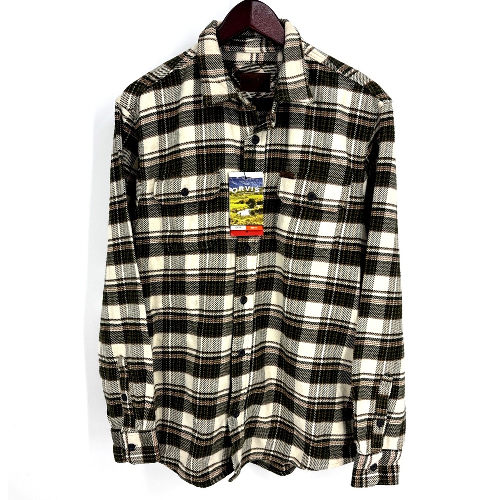 NEW Orvis Shirt Mens M Flannel Plaid Heavyweight Shacket Jacket Pockets Green‎
